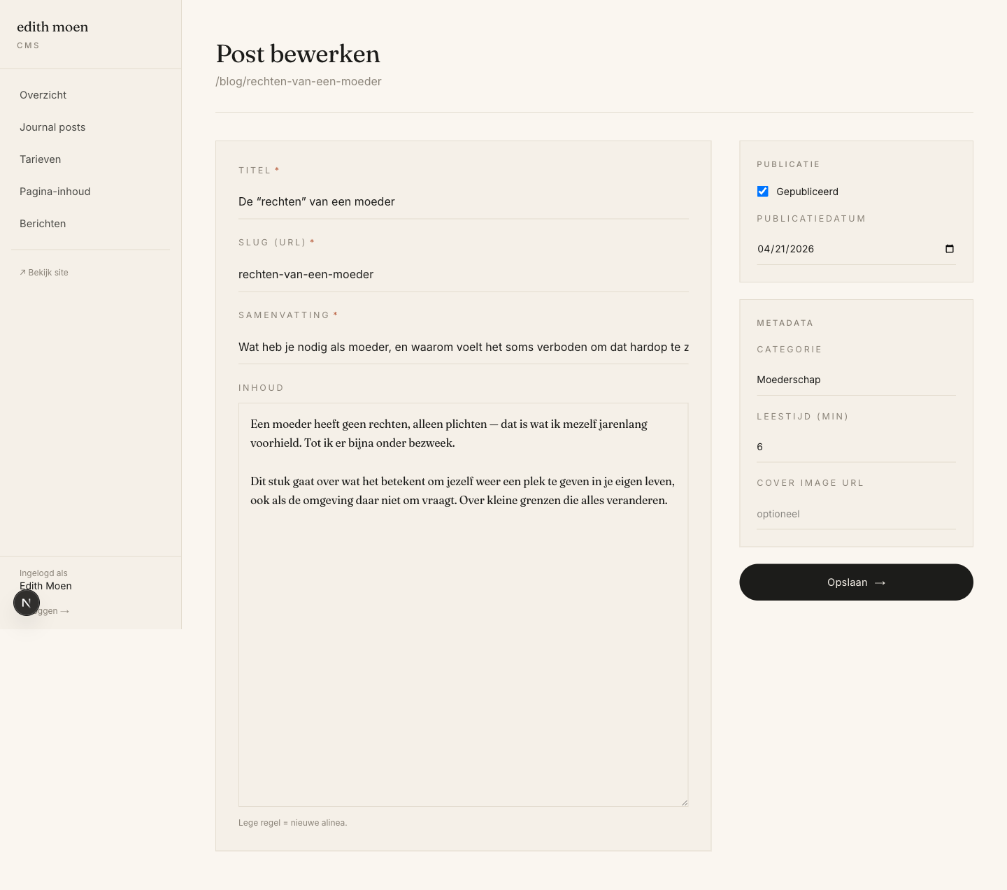 Blog post editor with title, slug, content body, publish toggle