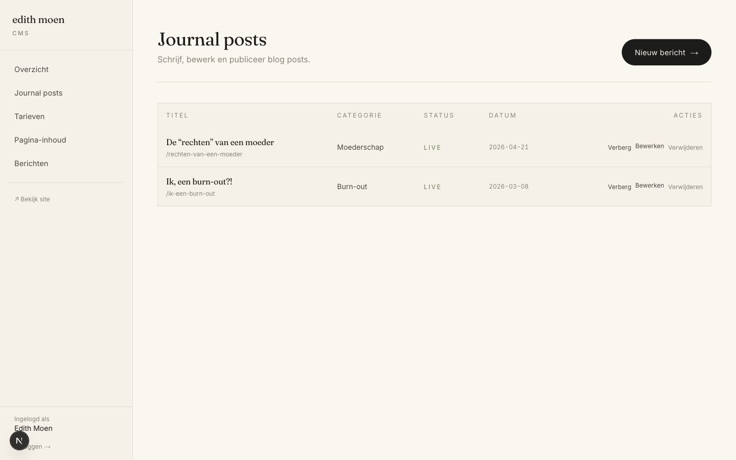 Blog post list — draft/published status, edit buttons