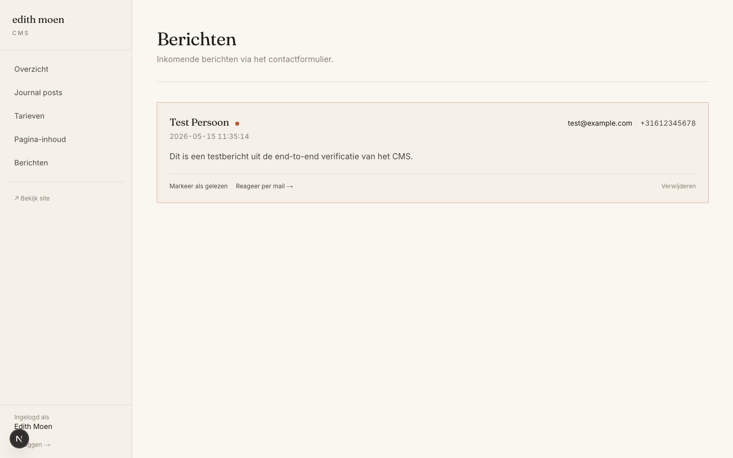 Contact form submissions inbox — name, email, message, UTM data