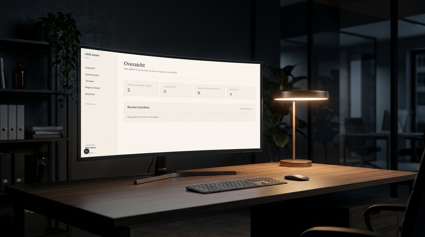 Edith Moen CMS admin dashboard on a widescreen monitor