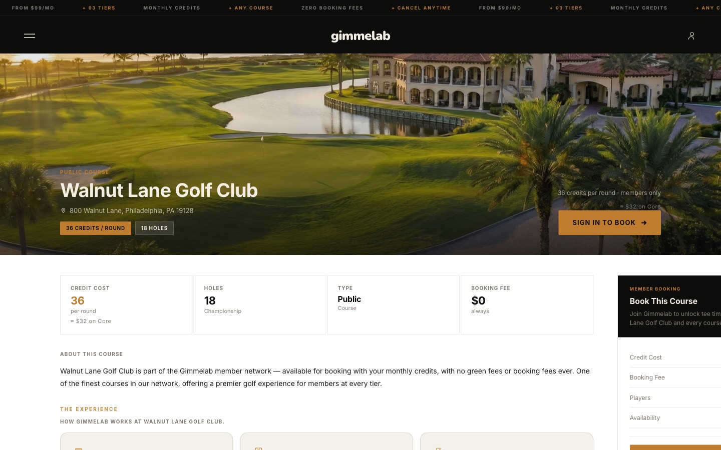 Gimmelab course detail — Walnut Lane Golf Club with credit cost, tee time grid, and member booking CTA