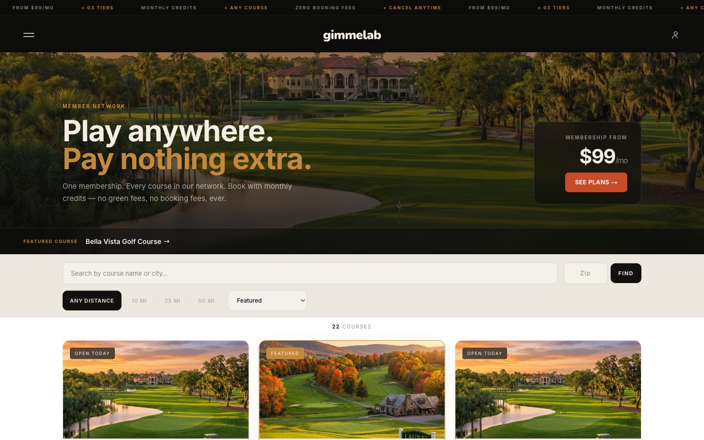 Gimmelab course browser — Play anywhere. Pay nothing extra. 22 courses with search and distance filter