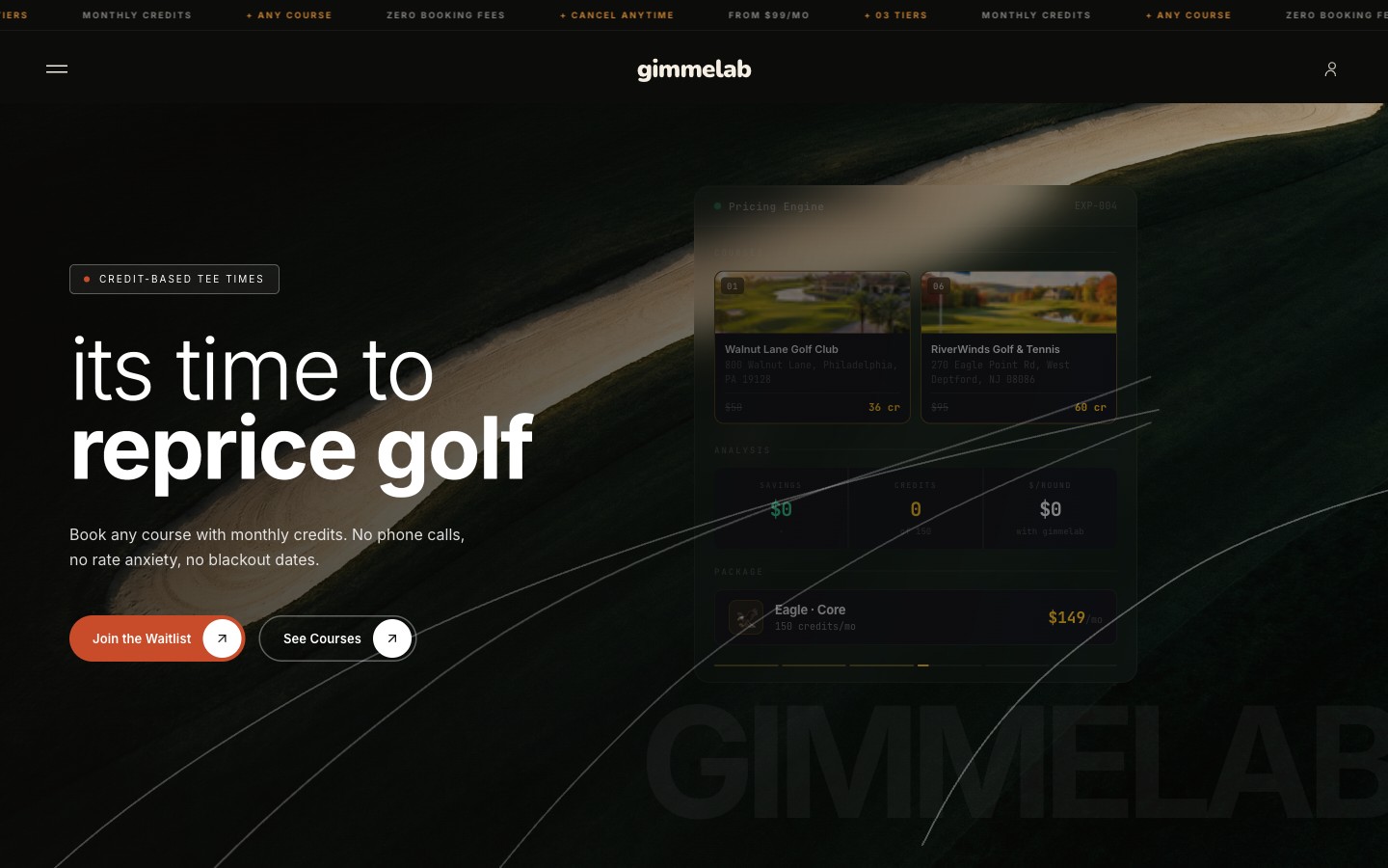Gimmelab homepage — &lsquo;its time to reprice golf&rsquo; hero with dark editorial design and pricing engine UI
