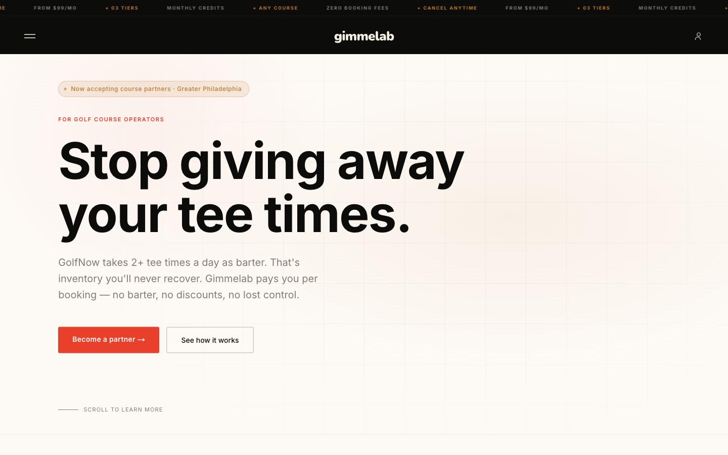 Gimmelab partner page — Stop giving away your tee times. Gimmelab pays per booking.