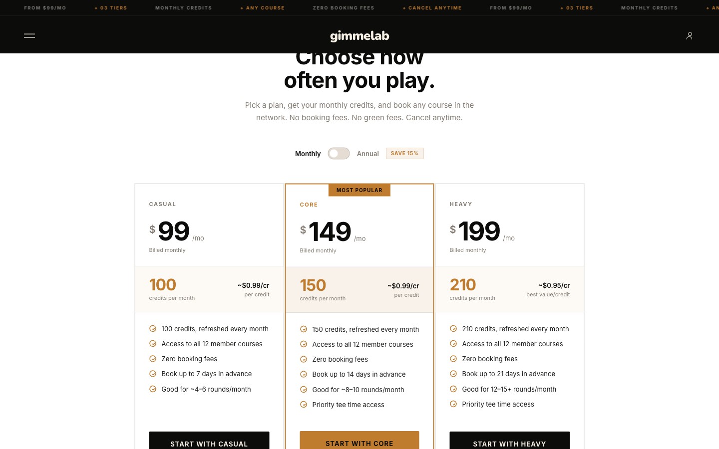 Gimmelab pricing page — Casual $99, Core $149, Heavy $199 with monthly/annual toggle