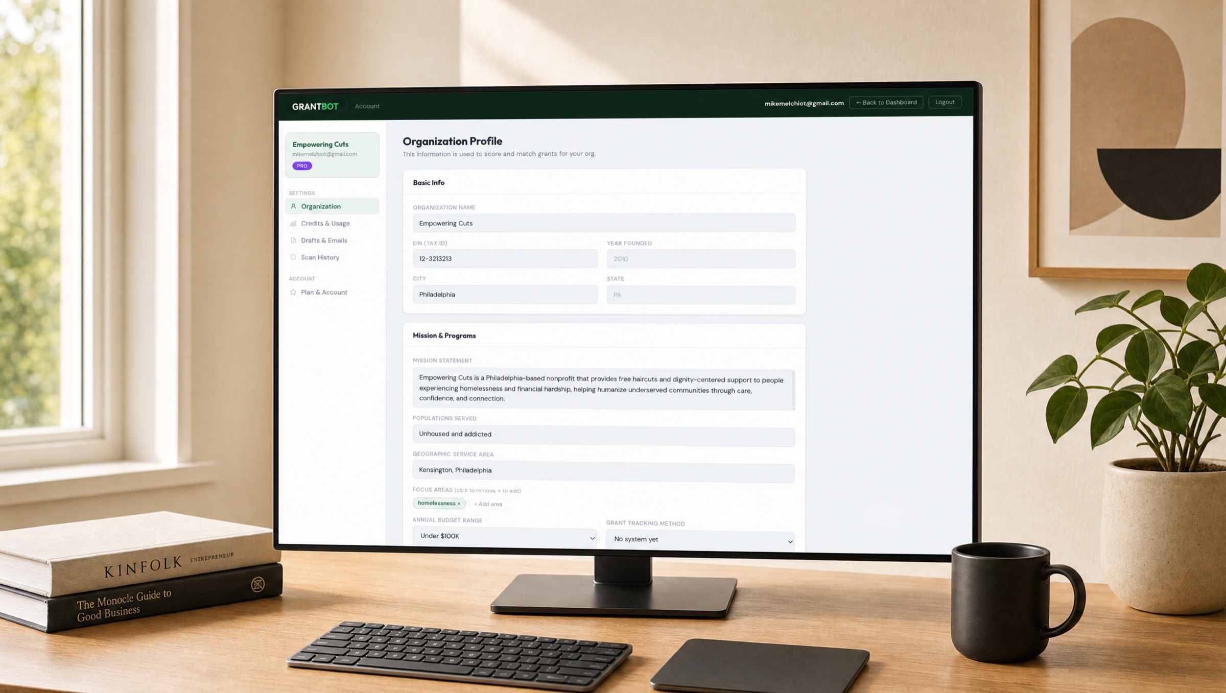 Organization Profile settings — mission, populations served, focus areas, budget range