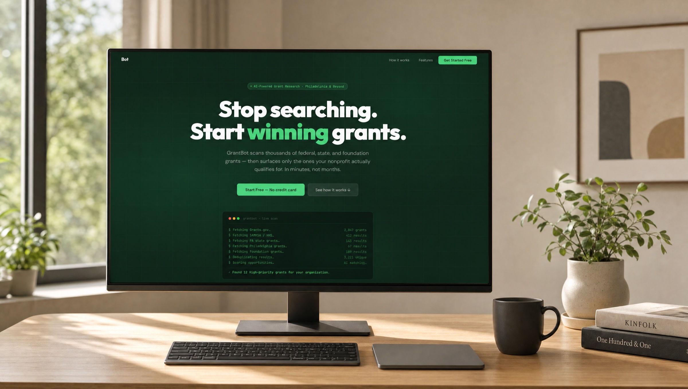 GrantBot landing page — &ldquo;Stop searching. Start winning grants.&rdquo; with a live scanner terminal showing federal and Philadelphia sources being fetched and scored
