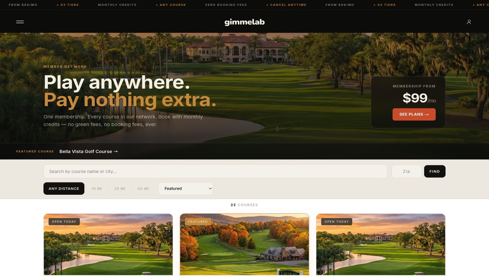 Gimmelab member courses page — dark UI with amber accents and course cards